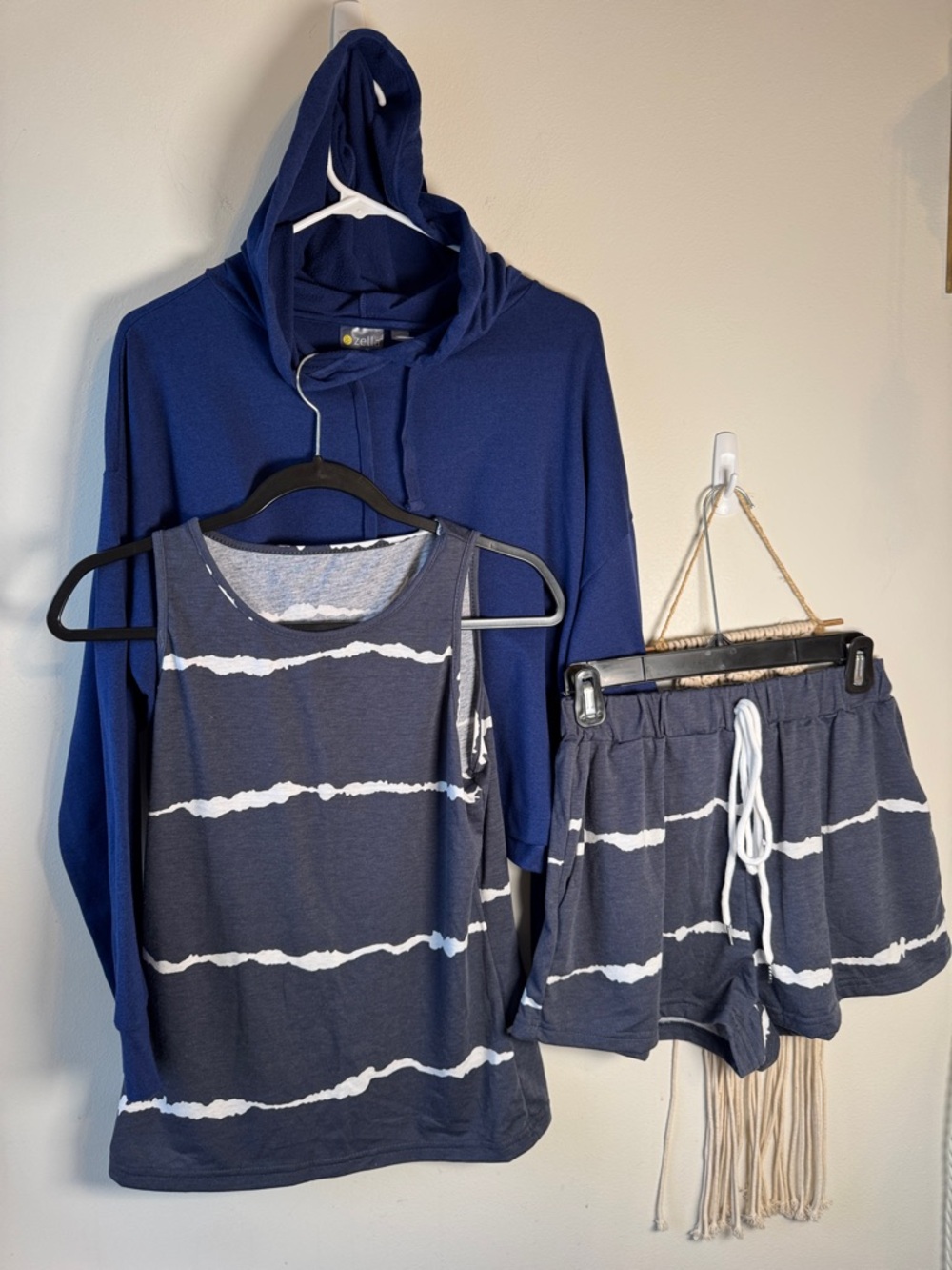 3-Piece Zella and Emory Rose Navy Blue Lounge Set Shorts Tank Hoodie S/M
